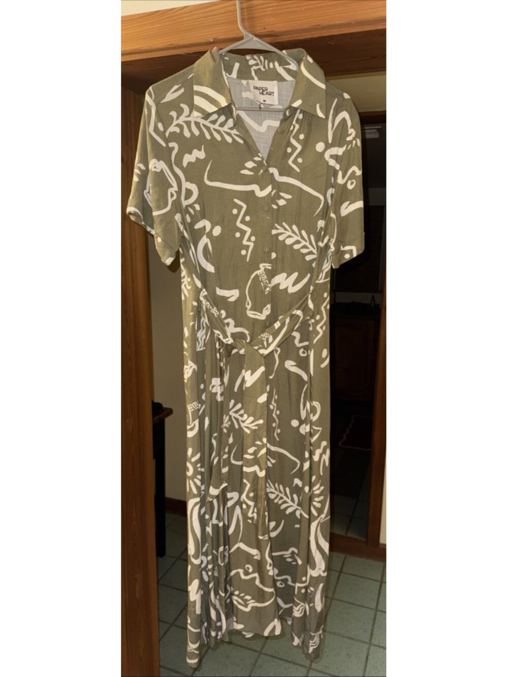 Green Printed Midi Shirt Dress Size M Greek Coastal Resort Belted Short Sleeve